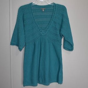 Teal Crochet Babydoll Sweater Tunic V-Neck Small